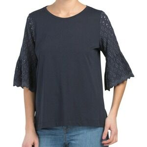 Fever Top Size Small Knit Eyelet Bell Sleeves NWT Navy Blue